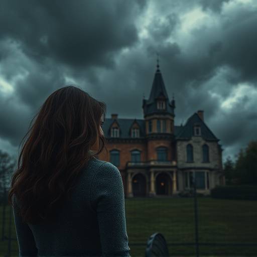 Affiche de la série 'Échos du Passé', illustrant une femme regardant un vieux manoir sous un ciel orageux.